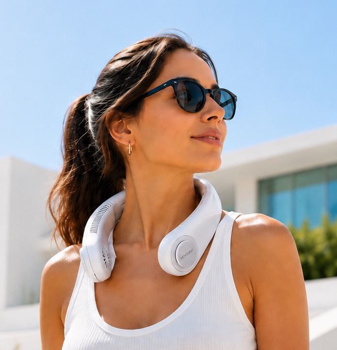 Woman wearing the VENTORA neck fan outdoors
